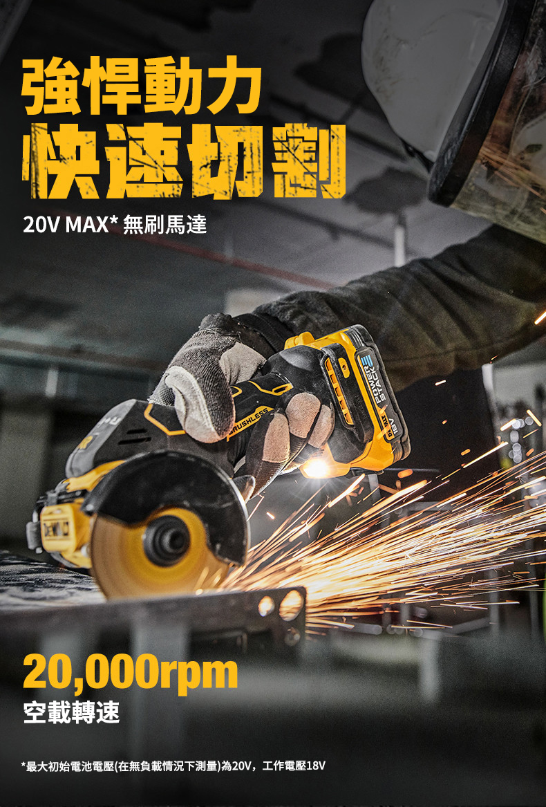 得偉「DeWALT」20V無刷角磨機DCS438小鋼俠 金屬、木材、水力、塑膠管、瓷磚都可切割 單手一機完成！